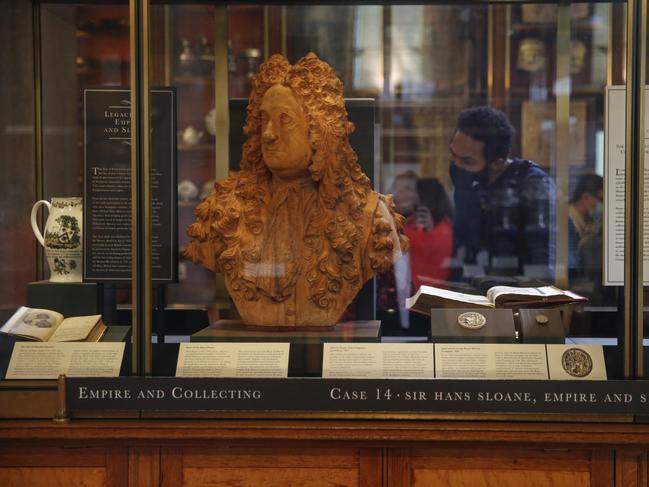 The bust of Sir Hans Sloane, a slave trader and the founder of the British Museum, on display inside a secure cabinet at the British Museum in London. Picture: News Corp Australia Network