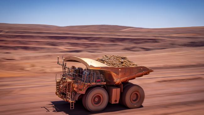 A mining haul truck at BHP's Jimblebar iron ore mine in the Pilbara region, Western Australia.