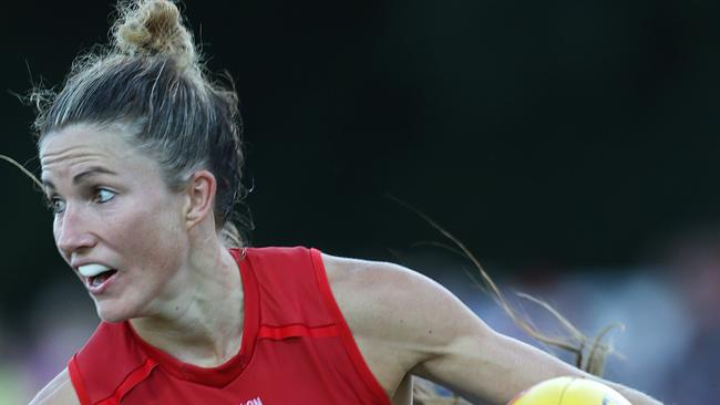 AFLW practice match between Collingwood and Melbourne at Olympic Park. A super fit Mel Hickey charges forward. Picture: Ian Currie