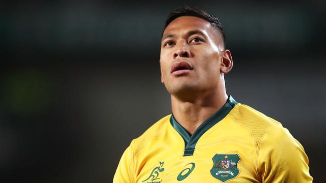 FILE: Israel Folau sacked by Rugby Australia for Homphobic tweet SYDNEY, AUSTRALIA - JUNE 23:  Israel Folau of the Wallabies looks on during the Third International Test match between the Australian Wallabies and Ireland at Allianz Stadium on June 23, 2018 in Sydney, Australia.  (Photo by Matt King/Getty Images)