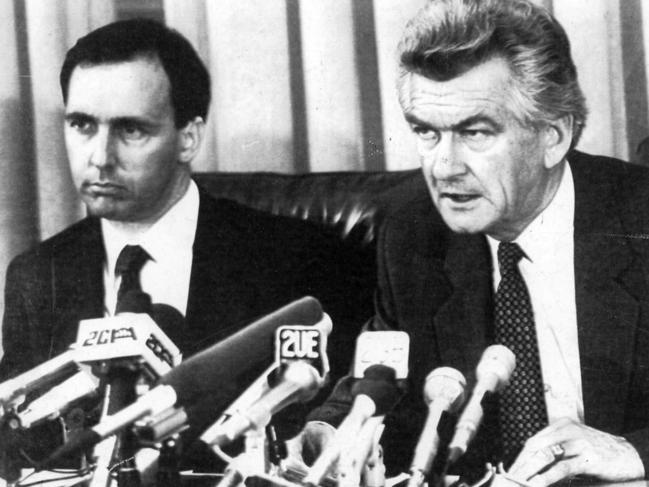 Prime Minister-Elect Bob Hawke and incoming Treasurer Paul Keating at Parliament House in 1983 after the announcement of the Australian dollar. Picture: Graham Thomson