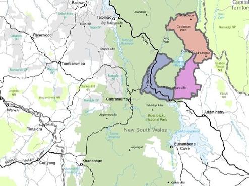 Fire-damaged areas where horses will be removed. Picture: Map supplied by NPWS