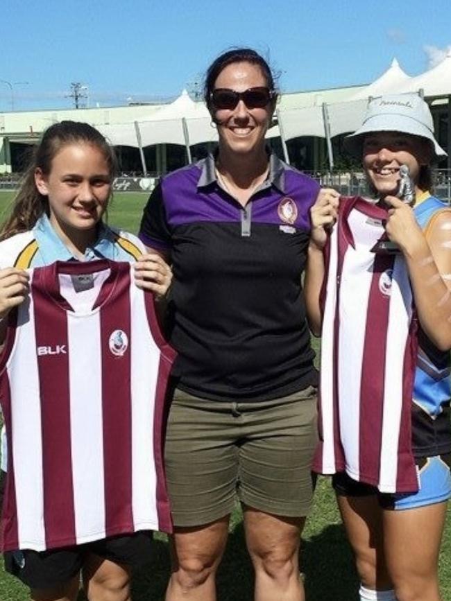 Gold Coast Suns AFLW player Ellie Hampson, Jo Butland and Poppy Boltz at Ellie's first football competition in Cairns in 2015. Picture: SUPPLIED.