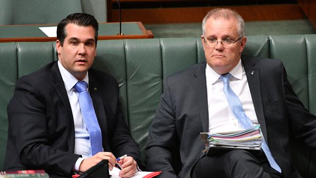 Michael Sukkar with Scott Morrison in parliament earlier this month. Picture: AAP