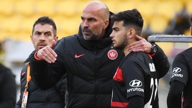 Western Sydney Wanderers coach Markus Babbel issues instructions to Kosta Grozos during their 2-0 defeat to the Phoenix in Wellington on Saturday. Picture: AAP