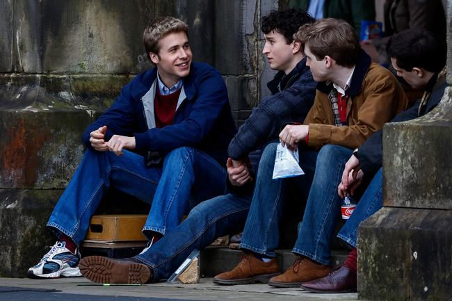 Ed McVey (L), as Prince William is seen during filming for the next season of 'The Crown' at St Andrews. Image credit: Getty