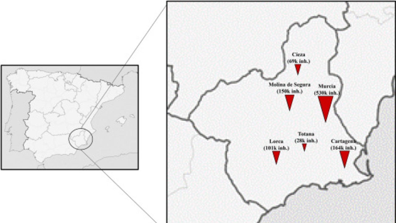 The six wastewater treatments plants in the Murcia region, Spain, where researchers conducted tests.