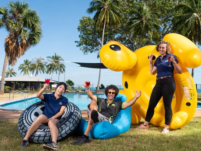 The Darwin Ski Club are doing final preparations before their big reopening event on Friday night. Staff Beany Chang, Paul Gurr and Anais HervŽ share a drink by the pool.Picture: Che Chorley