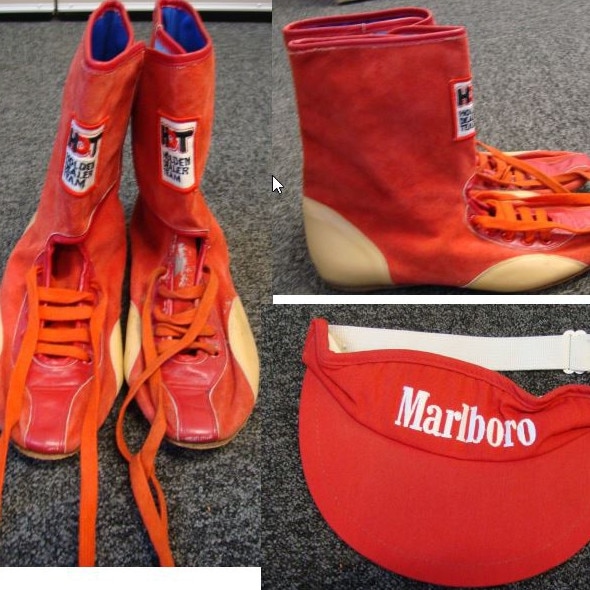 Also included with the car are worn boots, a helmet and Marlboro visor. Picture: Lloyds Auctions