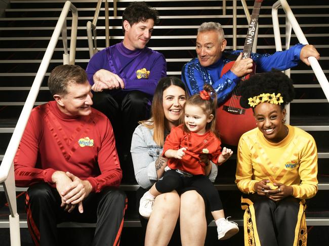 The Wiggles with Nayvah Walkley, the girl who got her foot stuck in a drain and her mum Samantha before their performance at the Adelaide Entertainment Centre. Picture Naomi Jellicoe