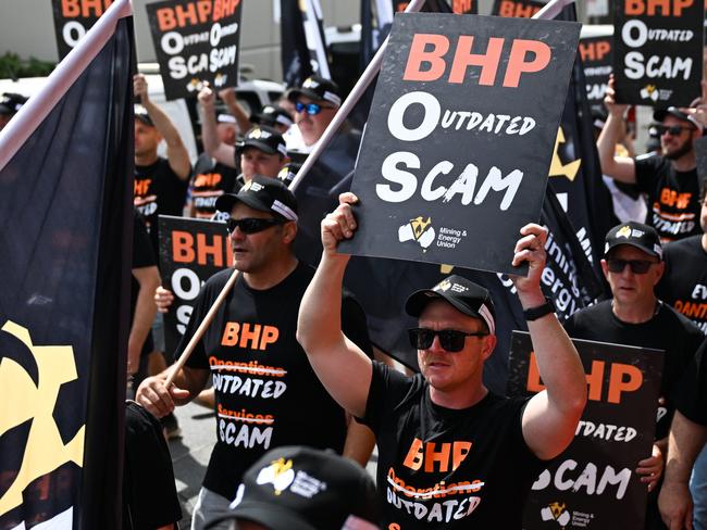 BRISBANE, AUSTRALIA - NewsWire Photos - OCTOBER 30, 2024.Members of the Mining and Energy Union (MEU) hold a rally outside BHPâs annual general meeting on Brisbane. They were demanding better pay conditions for workers. *NO BYLINE PLS*Picture: NewsWire