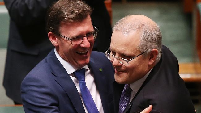 Alan Tudge hugs then-Treasurer Scott Morrison — and now Prime Minister — after he delivered the 2017 budget. Picture: Kym Smith