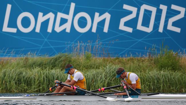 London Olympics 2012 – Rowing – Australia's David Crawshay and Scott Brennan cross the line in their Men's Double Sculls semi final at Eton Dorney, London.