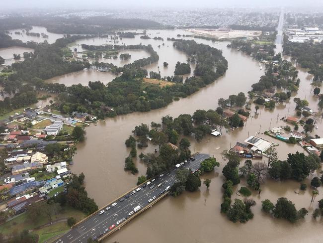 Swollen Hawkesbury and Georges rivers captured in aerial vision