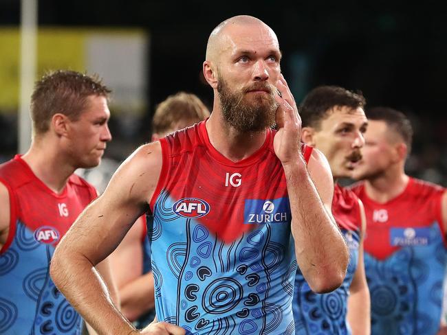 ADELAIDE, AUSTRALIA - MAY 19: Max Gawn of the Demons after the loss during the 2023 AFL Round 10 match between Yartapuulti/Port Adelaide Power and Narrm/Melbourne Demons at Adelaide Oval on May 19, 2023 in Adelaide, Australia. (Photo by Sarah Reed/AFL Photos via Getty Images)