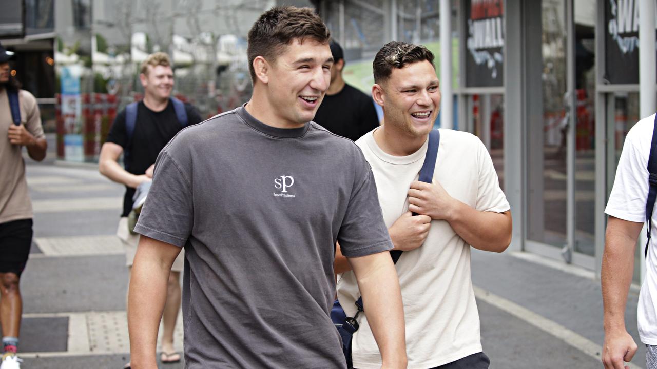 Victor Radley and Lachlan Lam walking in to the Roosters’ first official training of the year. Picture: Adam Yip