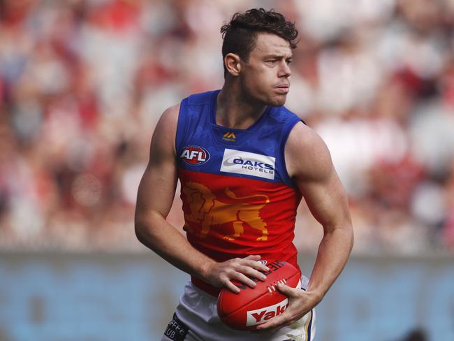 Lachie Neale of the Lions runs with the ball during the Round 4 AFL match between the Essendon Bombers and the Brisbane Lions at the MCG in Melbourne, Saturday, April 13, 2019. (AAP Image/Daniel Pockett) NO ARCHIVING, EDITORIAL USE ONLY