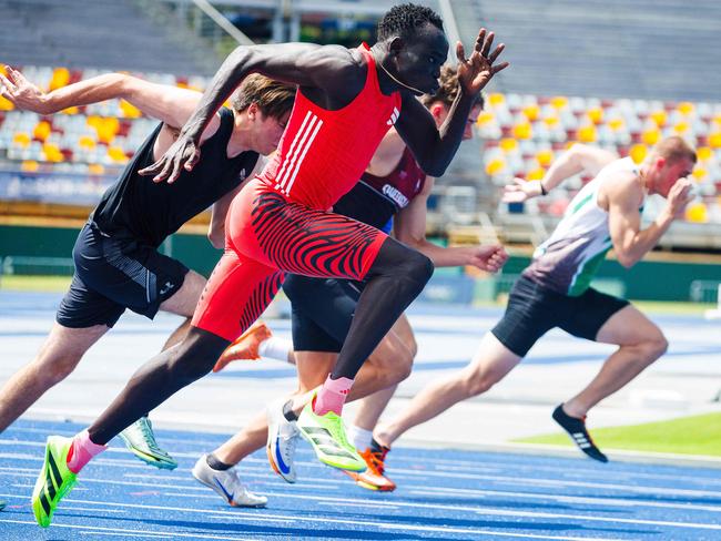 Australian sprinter Gout Gout in the 100m heat during the Queensland State Athletics Championships. Picture: AFP