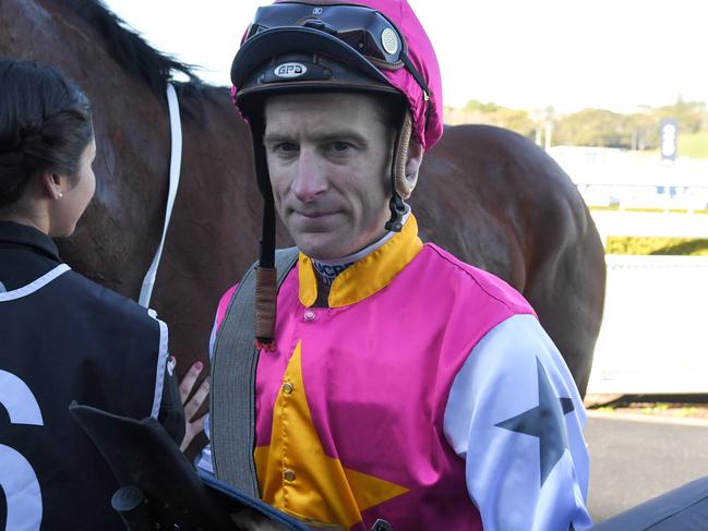 Jockey Blake Shinn is seen in the mounting yard after riding Haut Brion Her to victory in race 3, the Book Spring Hospitality Handicap during the Royal Randwick Race Day at the Royal Randwick Racecourse in Sydney, Saturday, July 20, 2019.(AAP Image/Simon Bullard) NO ARCHIVING