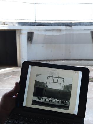 Inside the East Point gun turret with a picture of the gun turret under construction. PICTURE: Helen Or