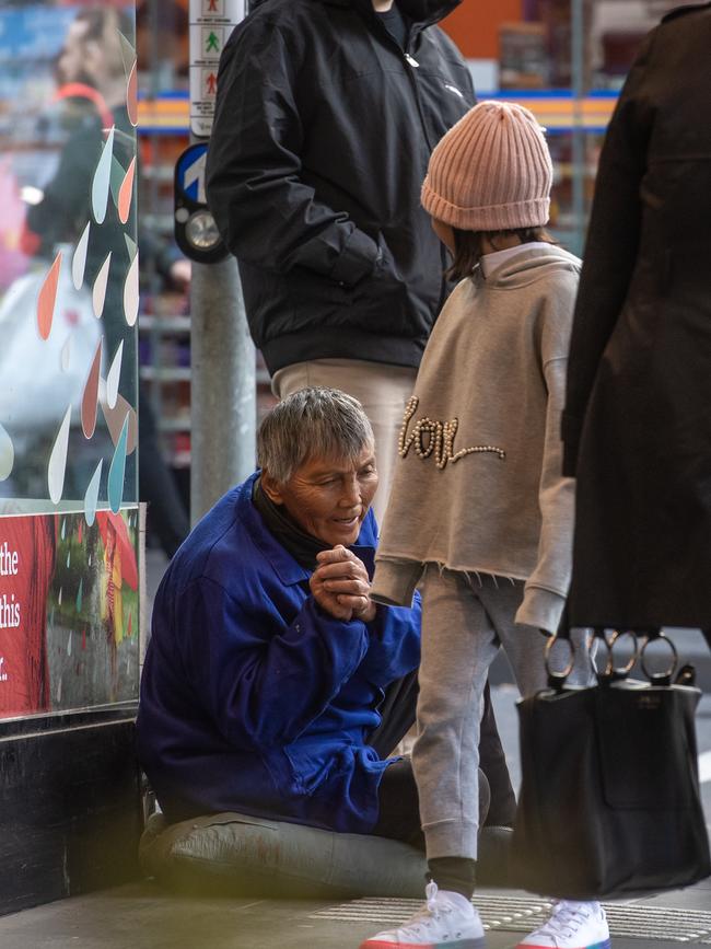 The beggars had similar money bowls and cushions. Picture: Jason Edwards