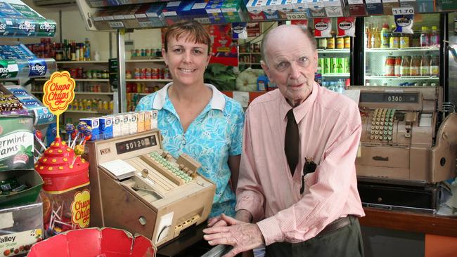 Shopkeeper Frank Newbery with his work colleague of 27 years, Jenny Boswell, at his shop in Cooks Hill. Picture: Ron Morrison.