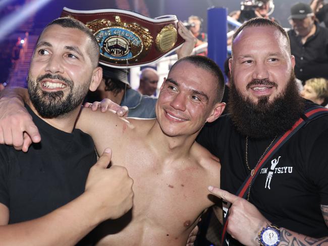 Donnie Beydoun, Tim Tsyzu and Mario Karascony at the Tim Tszyu v Brian Mendoza WBO Super Welterweight at the Gold Coast Convention and Exhibition Centre. Picture, Portia Large.