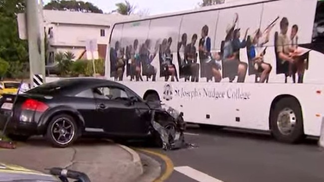 Emergency services have been called after a car and school bus collided at Nundah this afternoon. Picture: 9 News Queensland