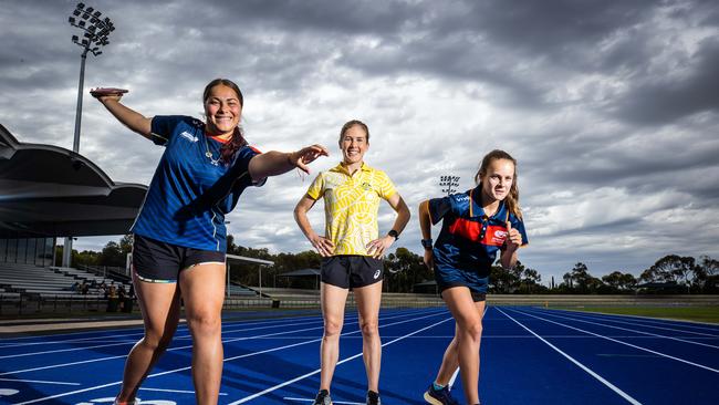 Champion SA and Australia runner Jess Stenson with discus athlete Marley Raikiwasa and runner Tessa Ebert at SA Athletics Stadium. Picture: Tom Huntley