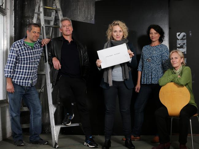 Gavin Baskerville, Guy Hooper, Jane Longhurst, Mel King and Anne Cordiner working on Tasmanian Theatre Company show, White Rabbit, Red Rabbit in 2015. Picture: Luke Bowden