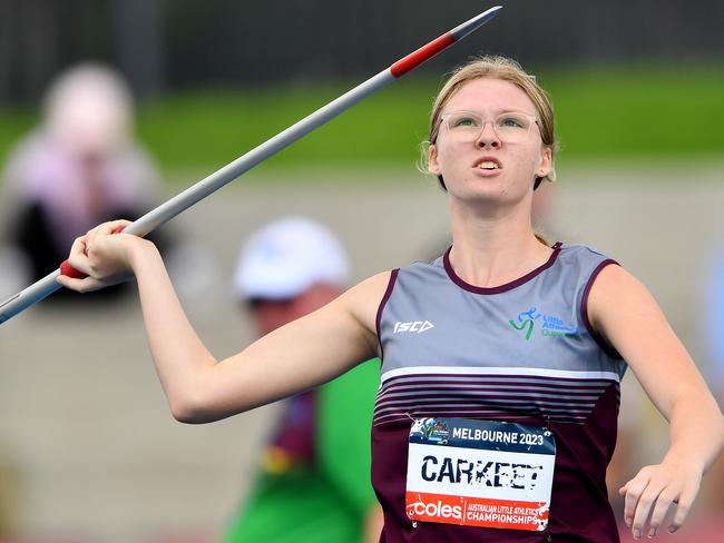 Summer Carkeet (QLD) competes in the Girls Under 15 Heptathlon during the Australian Little Athletics Championships at Lakeside Stadium in Albert Park, Victoria on April 23, 2023.