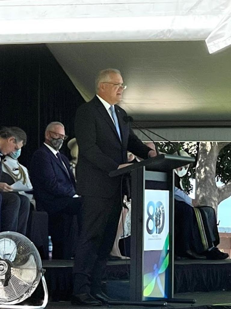 Prime Minister Scott Morrison addressed crowds at the 80th anniversary of the Bombing of Darwin. Picture: Floss Adams