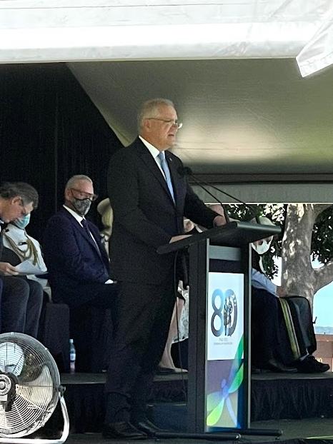 Prime Minister Scott Morrison addressed crowds at the 80th anniversary of the Bombing of Darwin. Picture: Floss Adams