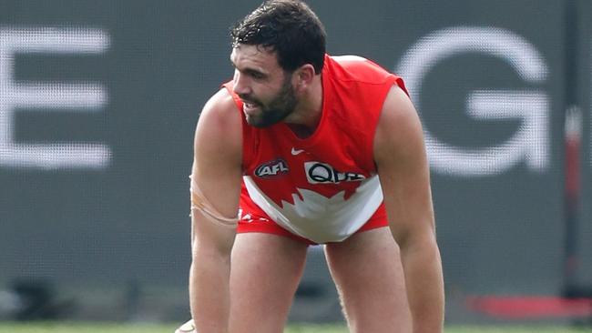 McCartin looks on after a collision during his game against Hawthorn. Picture: Michael Willson/AFL Photos via Getty Images