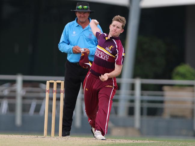 Atherton's Angus Vikionkorpi bowls in the match against Norths in Cricket Far North's first grade at Cazalys Stadium. Picture: Jake Garland