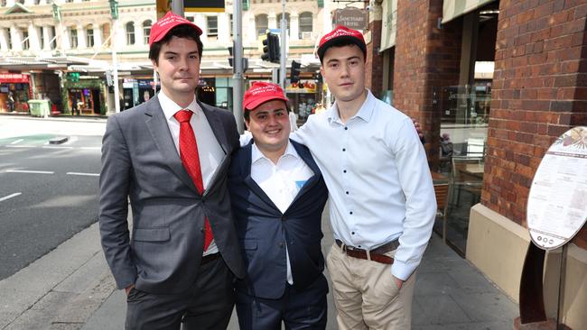 Republican Party supporters Edwin Nelson, Theodore Churchill and Samuel Hamilton in the Sydney CBD on Wednesday. Picture: Rohan Kelly