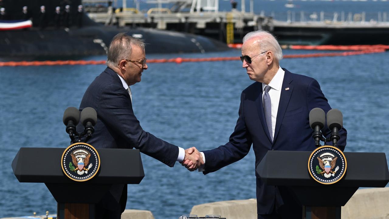 Anthony Albanese and Joe Biden announced the AUKUS submarine deal in San Diego. Picture: Tayfun Coskun/Anadolu Agency via Getty Images