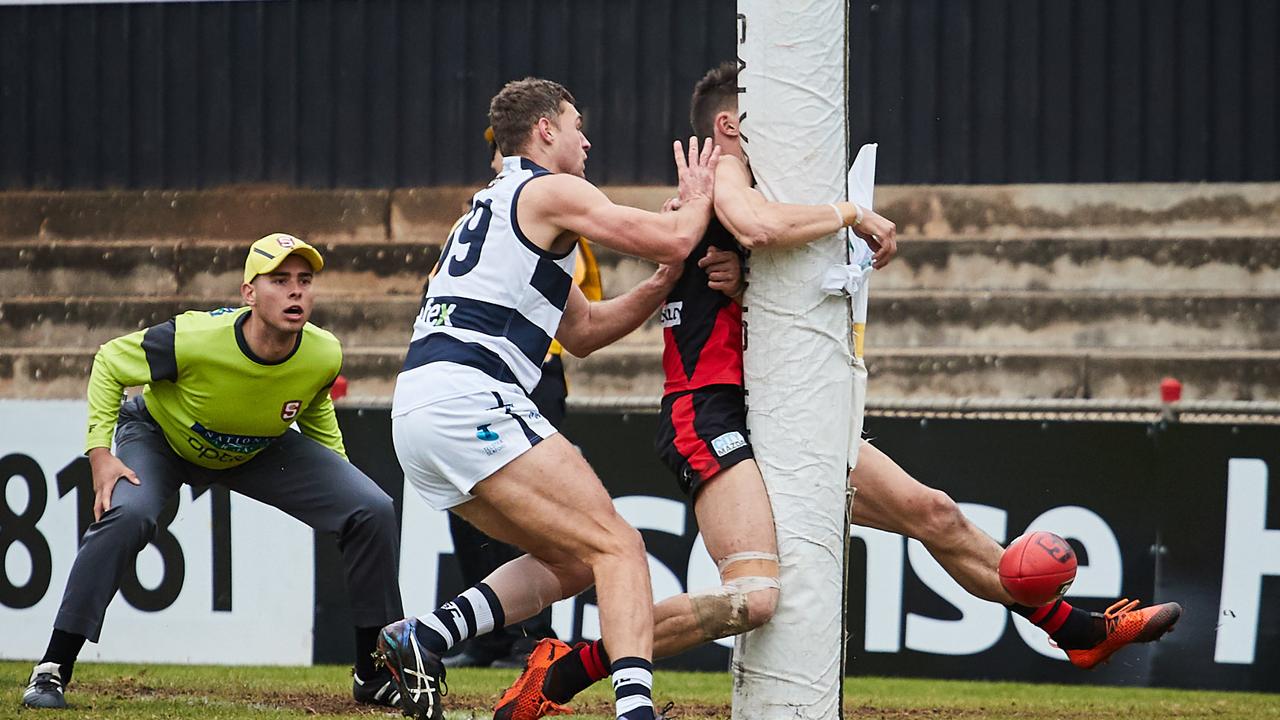 South's Alex Cailotto tackling West's Patrick Levicki at Richmond Oval, in the match between the Bloods and Panthers, Sunday, June 30, 2019. Picture: MATT LOXTON