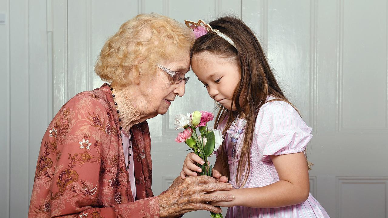 Grace Dodt, 94, with her great-granddaughter Hamilton Heycock, 6, will be spending Mother's Day together. Picture: Shae Beplate.