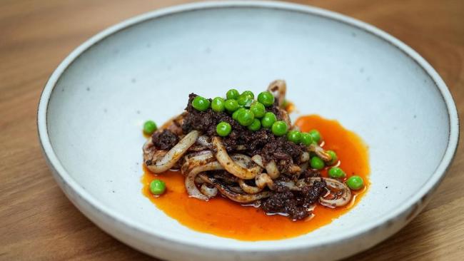 Calamari with morcilla and peas at Bosco, Newstead.