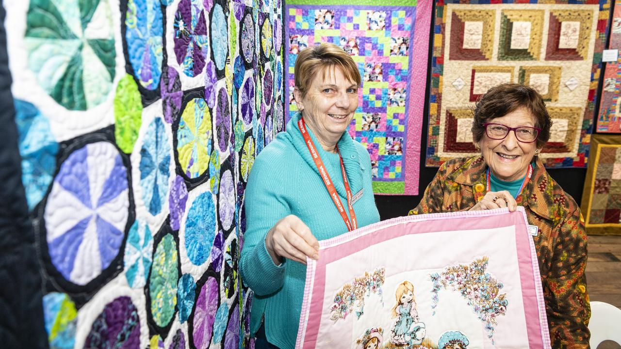 Toowoomba Quilters Club members Dorothy Allison (left)and Fay Suley in the members exhibition at Craft Alive at the Goods Shed, Sunday, May 22, 2022. Picture: Kevin Farmer