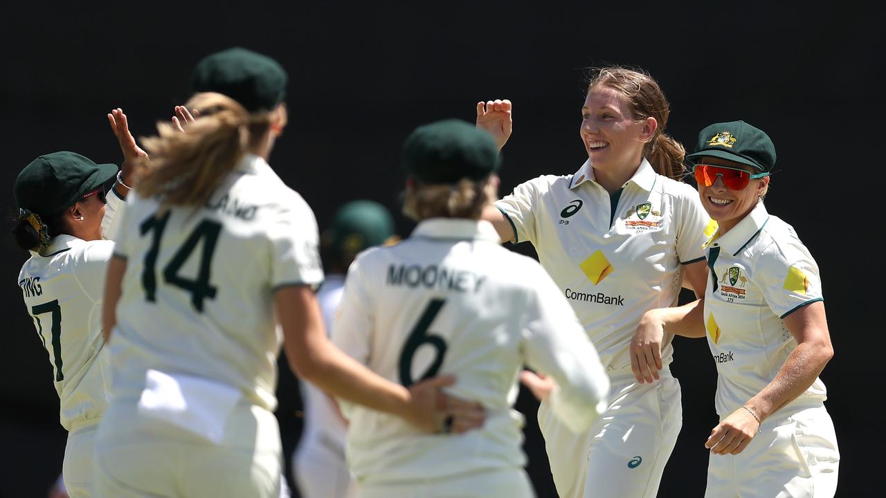 Darcie Brown (second right) finished with five wickets in quick time. (Photo by Paul Kane/Getty Images)