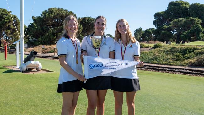 Zoe Manton with her winning teammates Bec Hardy and Marita Jakupech. Picture: Ben Blaess