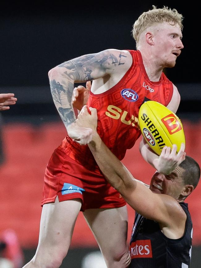 John Noble of the Suns in action during the 2025 AFL Match Simulation between the Gold Coast Suns and Collingwood Magpies. Photo: Russell Freeman/AFL Photos via Getty Images.