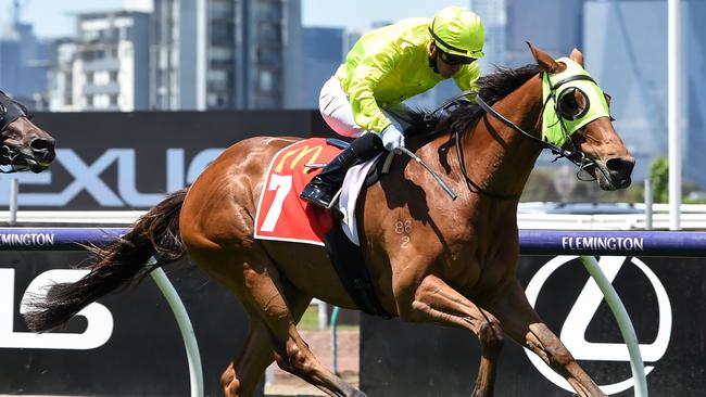 Sin to Win, ridden by Luke Currie, salutes after a drought of almost three years.