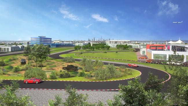 The combination of multiple car dealerships and a racetrack near an airport is a world first. Picture: Supplied.