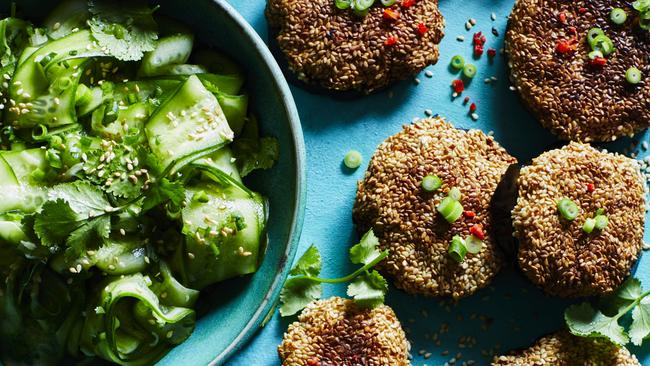 Alice Zaslavsky’s gggplant prawn toasts with pickled cucumber salad. Picture: Guy Bailey