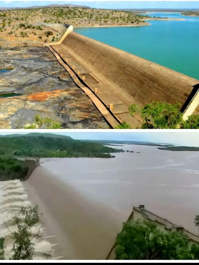 Before and after shots of Burdekin Falls Dam. Picture: Martitia Schuchmann