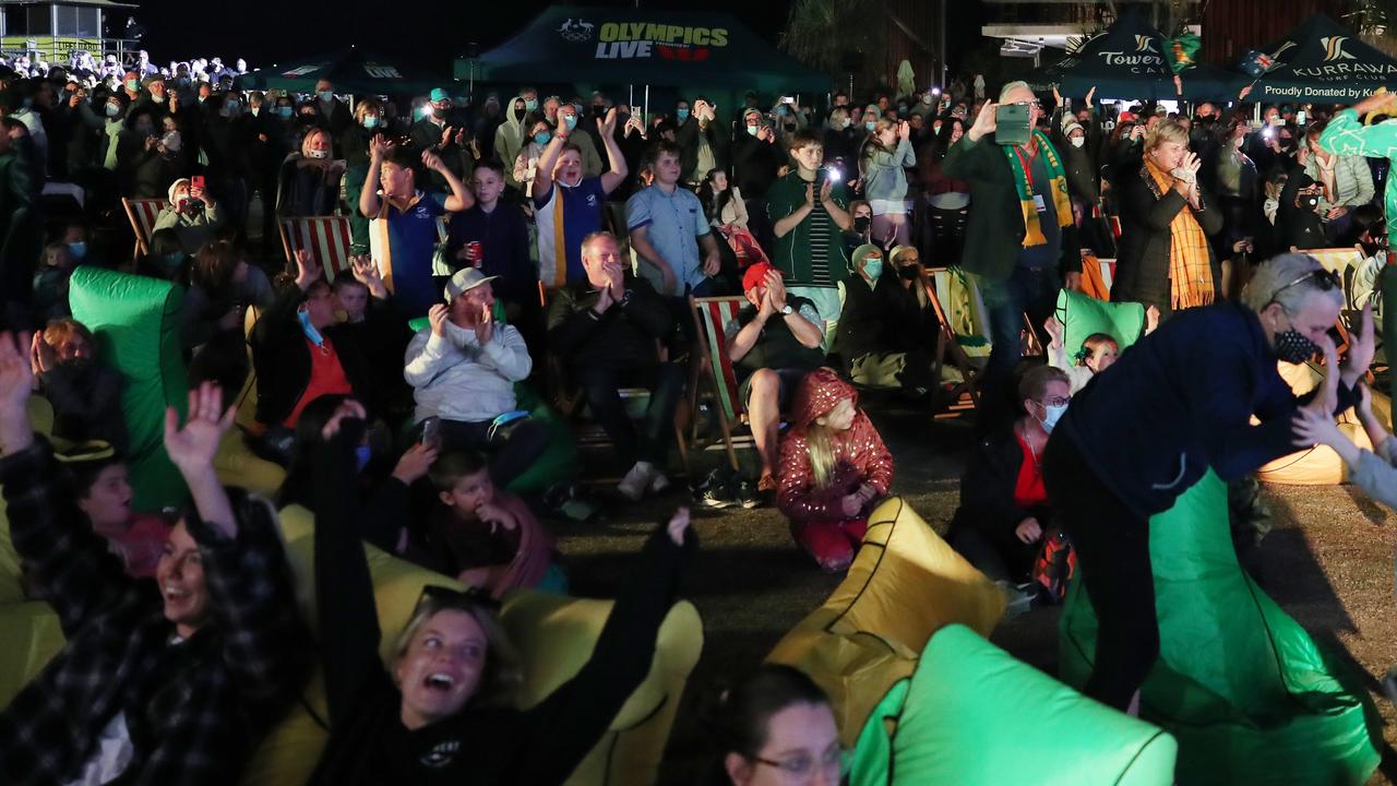 Crowds celebrate the Brisbane 2032 Olympics announcement at Kurrawa on the Gold Coast. Picture: Glenn Hampson