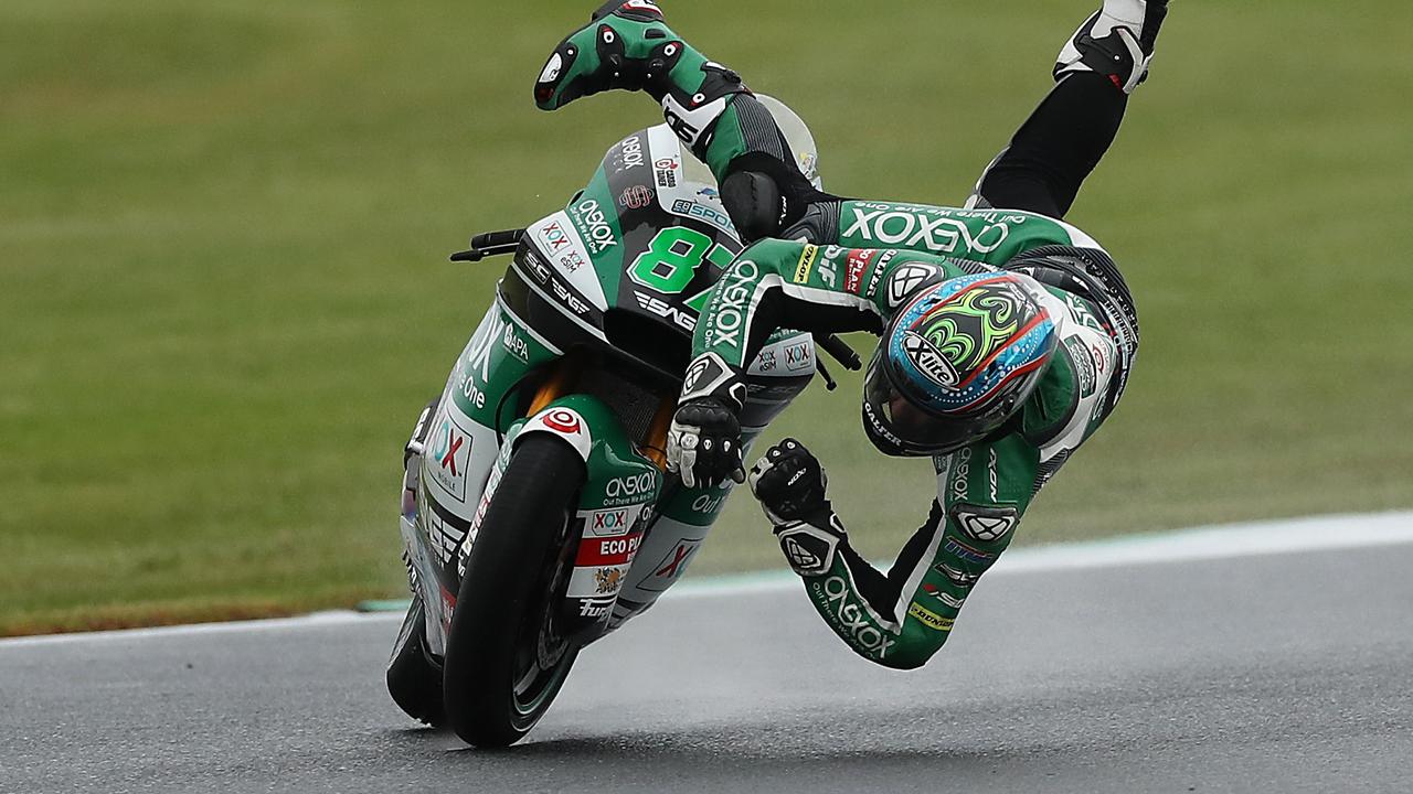 Remy Gardner crashes during Moto2 FP1 at Phillip Island. Picture: Robert Cianflone